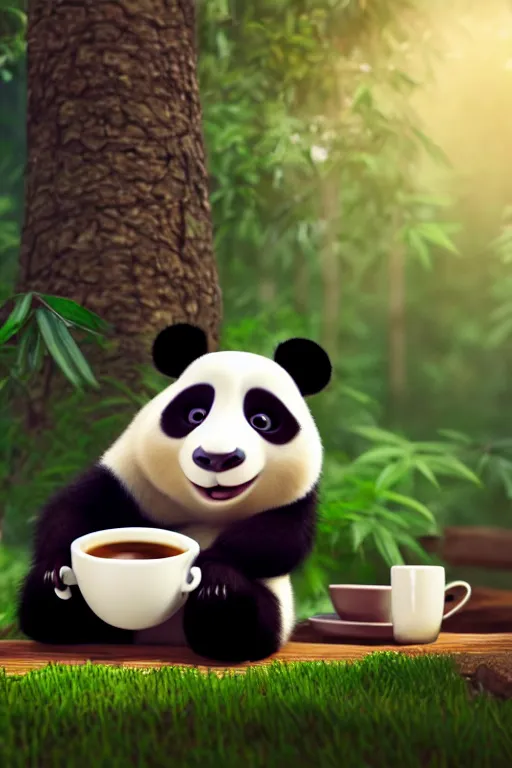 Image similar to a cute panda with big eyes looking at a cup of coffee in the forest. Pixar Disney 4K 3d render funny animation movie Oscar winning trending on ArtStation and Behance. Ratatouille style.