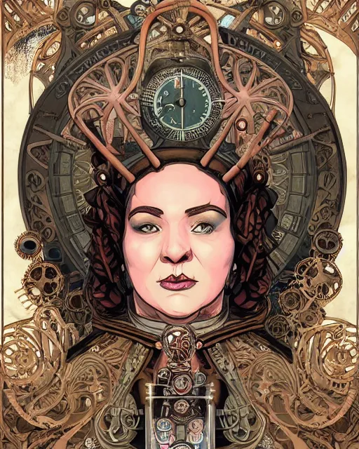 Image similar to a detailed portrait illustration of a steampunk necromancer. beautiful obese female face. art nouveau, pop art, comic book style. influenced by neil gaiman, h. p. lovecraft, dan mumford, karol bak, vadim voitekhovitch, killian eng, ross tran, cedric peyravernay.