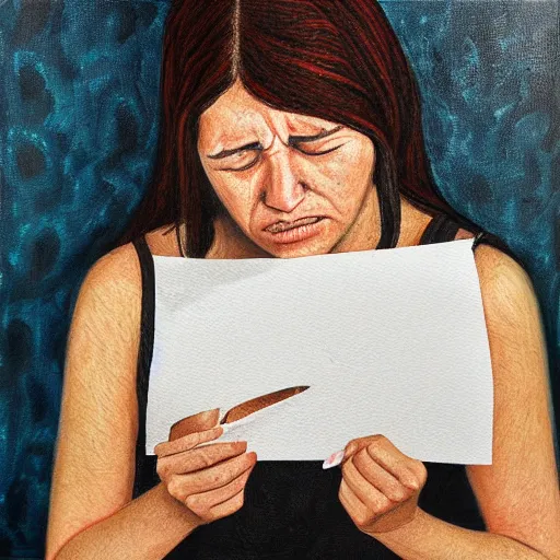 Prompt: portrait of a expressionless woman holding a note on her hand while she cries, realistic detailed painting