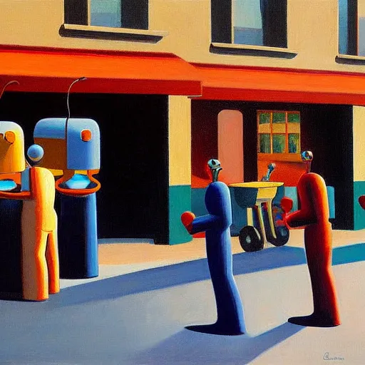 Prompt: robots queue up to eat ice cream, grant wood, pj crook, edward hopper, oil on canvas