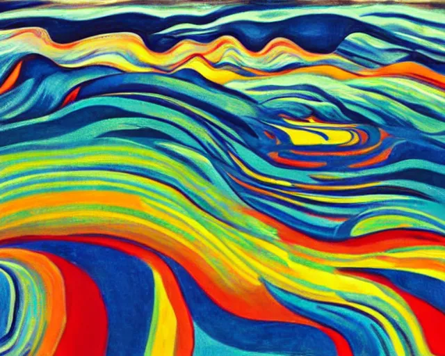 Image similar to A wild, insane, modernist landscape painting. Wild energy patterns rippling in all directions. Curves, organic, zig-zags. Saturated color. LSD. DMT. Mountains. Clouds. Rushing water. Sci-fi dreamworld. Wayne Thiebaud. Edvard Munch landscape.