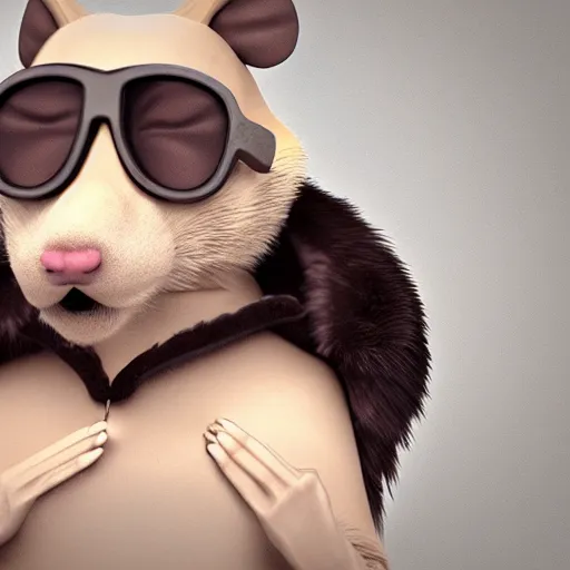 Prompt: an anthropomorphic rat, unreal engine, digital art, 3 d, studio lighting, post processing, smoking a big cigar, wearing sunglasses, wearing a fur coat