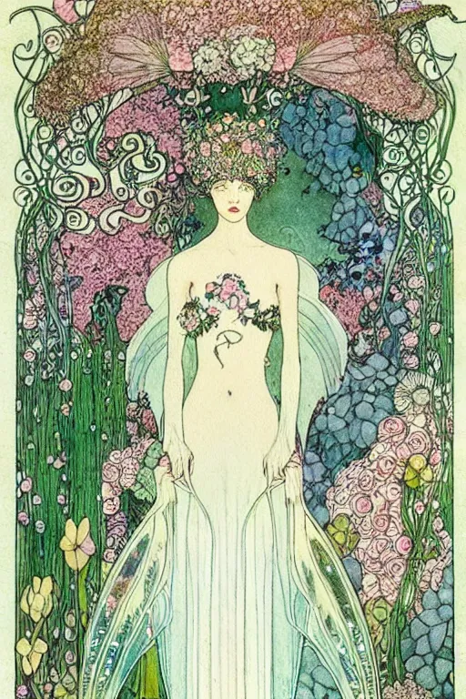 Prompt: realistic portrait of a beautiful fairy princess surrounded by a frame of flowers, detailed art by kay nielsen and walter crane, illustration style, watercolor