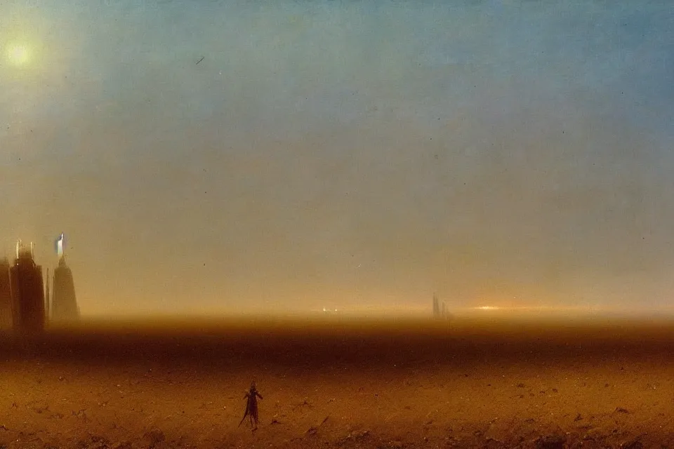 Prompt: sci-fi painting of a large alien city on the vast wheat fields, the closed back view of only one humanoid robot on the ground, by Ivan Aivazovsky, godrays, detailed