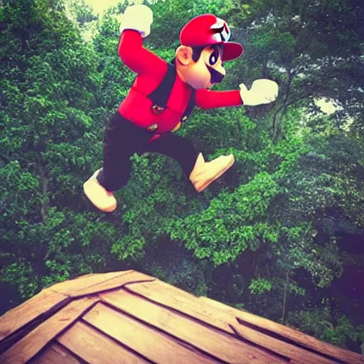 Prompt: “Photo of a man dressed like Mario jumping off of a midair dinosaur to reach a high platform. 4k”