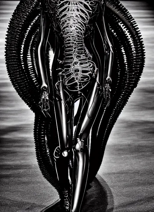 Prompt: walking down the catwalk, steven klein, mert alas and marcus piggott, show, stage, vogue photo, podium, fashion show photo, iris van herpen, beautiful woman, full body shot, helmet on face, masterpiece, inflateble shapes, plant predator, giger, guyver, jellyfish, wires, veins, biomechanical details