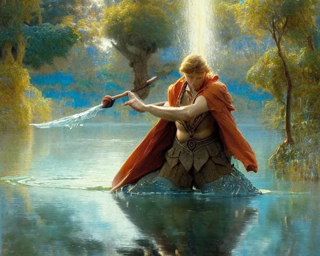 Image similar to attractive male wizard casting powerful water spell in a beautiful lake. highly detailed painting by gaston bussiere, craig mullins, j. c. leyendecker 8 k