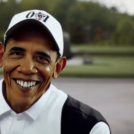 Prompt: riverdale still of obama wearing suspenders, a white varsity sweater with a varsity letter r, and a propeller cap, cap with a propeller on it