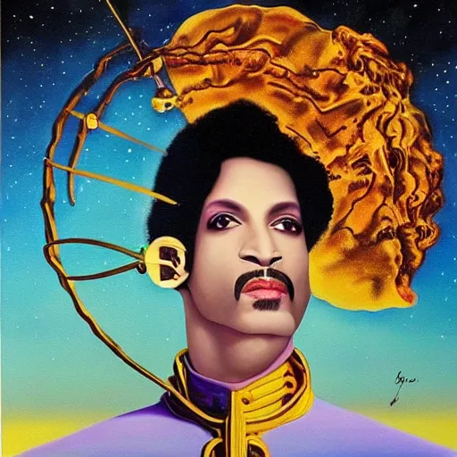 Image similar to a painting of prince in space in the style of dali. trending on artstation.