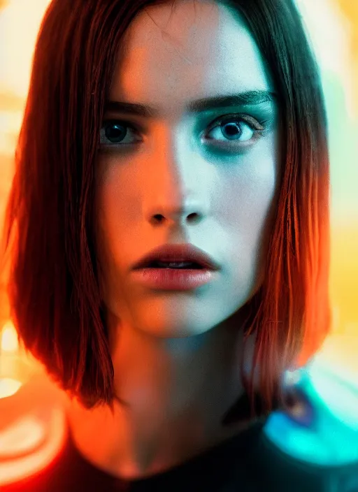 Image similar to A hyper realistic and detailed head portrait photography of young brunette female of Blade Runner 2049 on a futuristic street. by David Dubnitskiy. Neo noir style. Cinematic. neon lights glow in the background. Cinestill 800T film. Lens flare. Helios 44m