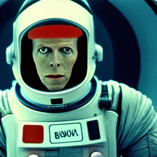 Prompt: film still of David Bowie as David Bowman in 2001 a space odyssey, 4k