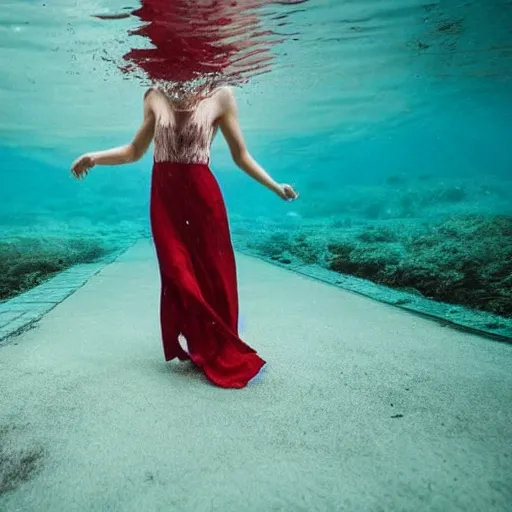Prompt: just a long and loose dress, without anyone, underwater with some flowers