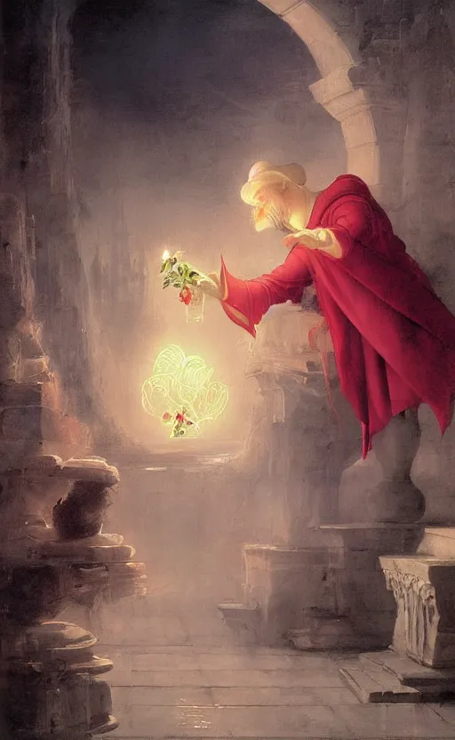 Image similar to a drunk wizard casting a rose petal bloom spell by raphael lacoste and adrian smith and delphin enjolras and daniel f. gerhartz