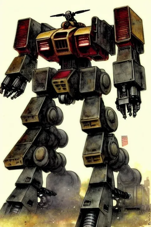 Image similar to (((((1950s huge steam engine mecha robot mechwarrior battletech gundam . muted colors.))))) by Jean-Baptiste Monge !!!!!!!!!!!!!!!!!!!!!!!!!!!