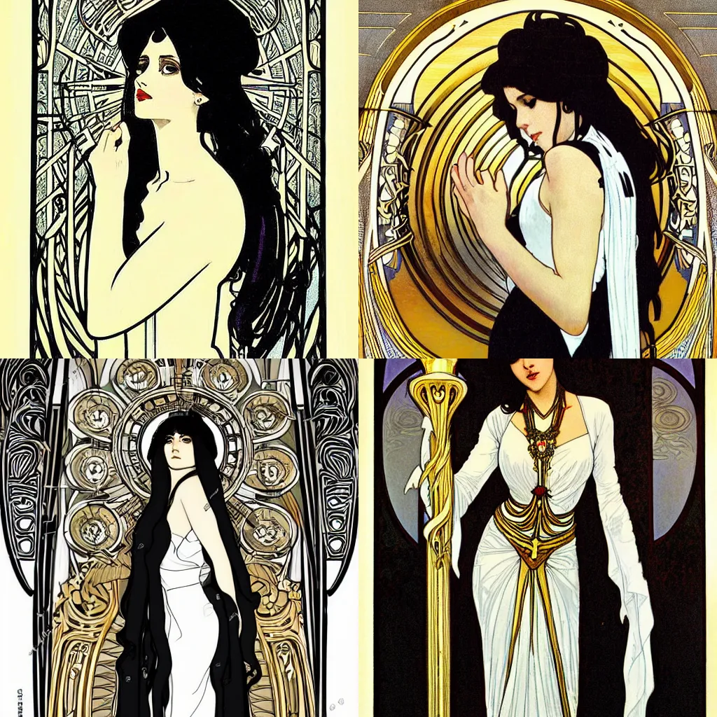 Prompt: studio light, art nouveau temple, long shot black haired priestess in white flowing dress, art nouveau by alphonse mucha, clean lines