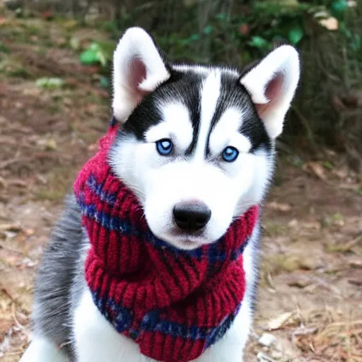 Prompt: puppy husky wearing a scarf