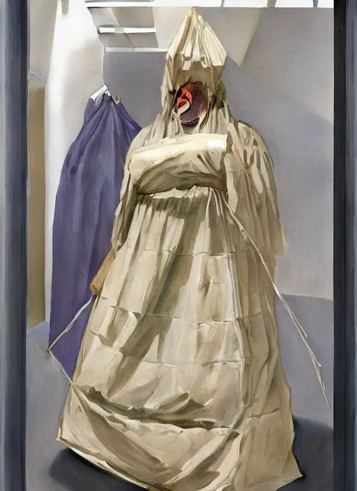 Image similar to large fat man in dress made from plastic bag with paper bags for clothes standing inside paper bags with paper bag over the head at store display Edward Hopper and James Gilleard, Zdzislaw Beksinski, highly detailed