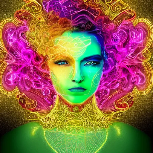 Prompt: a majestic portrait of a female computer algorithm with heart and brain and soul connected to the computer cloud using digital energy beams, digital painting, high detail, 8 k, intricate ornamental details, avant garde, vibrant iridescent colors, green magenta and gold