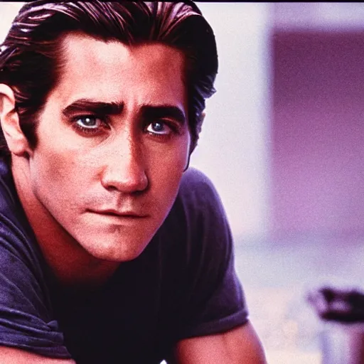 Image similar to a movie poster of Jake Gyllenhaal as patrick Swayze sitting in a hot tub in the movie Road House