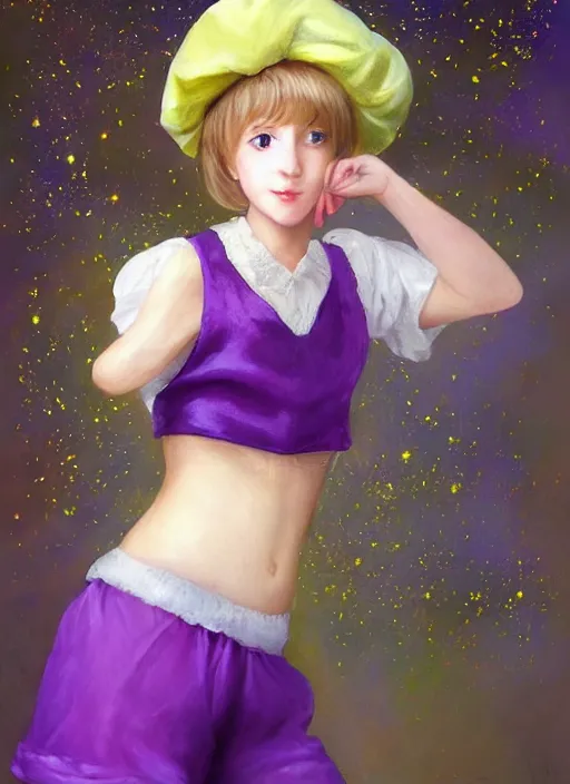 Image similar to A painting of a beautiful and mysterious young girl with short blond hair wearing an oversized purple Beret, Baggy Purple overall shorts, Short Puffy pants made of silk, silk shoes, a big billowy scarf, Golden Ribbon, and white leggings Covered in stars. Short Hair. Sunlit. Haute Couture. Dreamlike. Cloudscape. Fantasy Illustration. Art by william-adolphe bouguereau and Alexandre Cabanel and Anna Dittmann and WLOP and Artgerm and Johannes Helgeson. Smooth. Elegant. Highly Detailed. Intricate. Realistic fantasy illustration. 4K. UHD. Denoise.