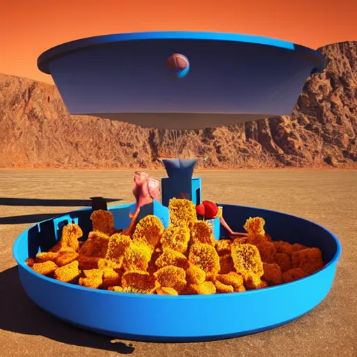 Image similar to promotional movie still the biggest frying pan in the world is in a desert. in the pan are life - size gummi bears that are melting. it's very sunny and very hot. the gummi bears are sweating. 3 d, digital art, octane 3 d render, ue 5, cinematic, imax 7 0 mm, product lighting, dramatic lighting. concept art.