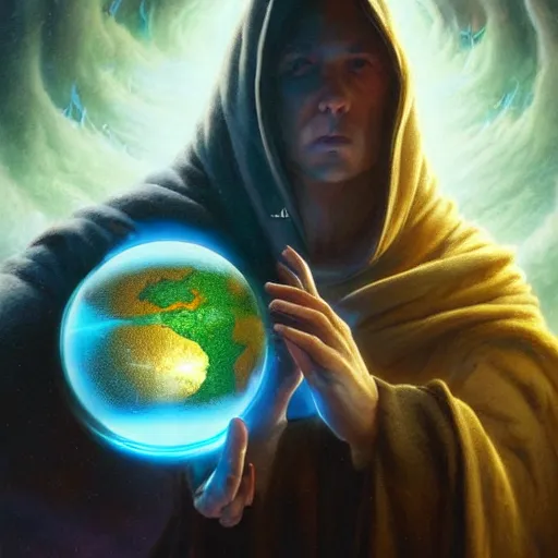 Image similar to the creator of worlds wearing a cloak and holding a holographic planet projection in his hand, detailed, sci - fi, digital painting, artstation, sharp focus, illustration, ominous, artgerm, tomasz alen kopera, peter mohrbacher, donato giancola, joseph christian leyendecker, wlop, frank frazetta