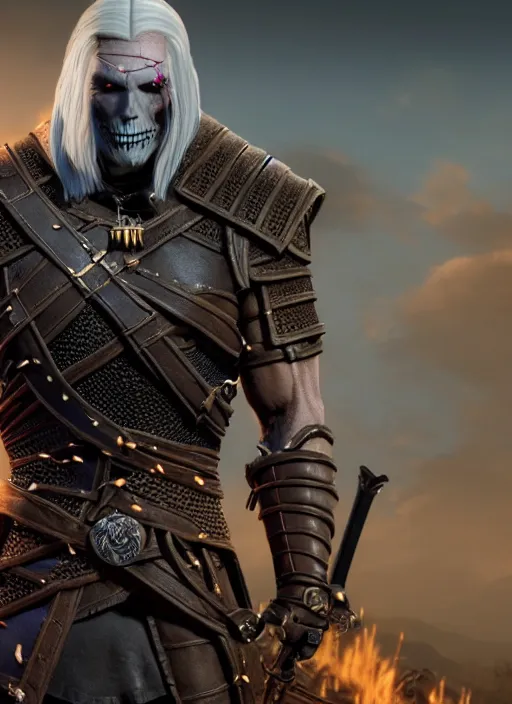 Prompt: movie still of skeletor as geralt in the witcher 3, gameplay, 8 k, hd