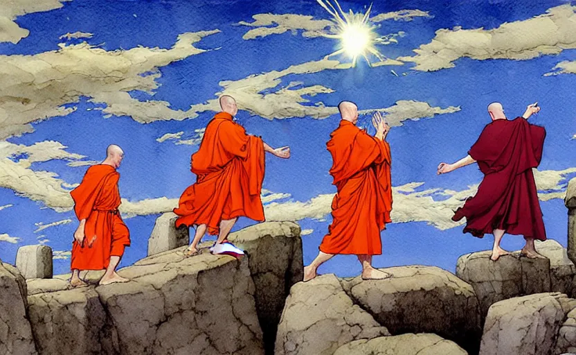 Prompt: a hyperrealist watercolour concept art of a group of colorless medieval monks levitating a huge flat rock in the air over their head. a large stonehenge moneument is in the sky. by rebecca guay, michael kaluta, charles vess and jean moebius giraud. high detail, hq, wide shot