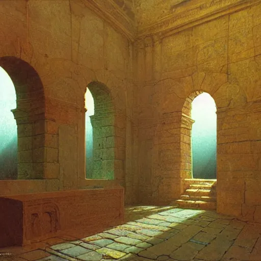 Prompt: Roman interior with arched windows, volumetric lighting, dramatic, fantasy, by Moebius, by zdzisław beksiński, Fantasy LUT, epic composition