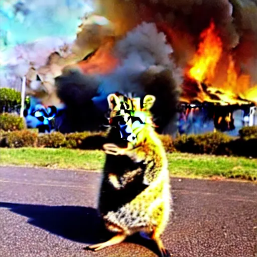 Image similar to a quokka laughing while a house is on fire in the background