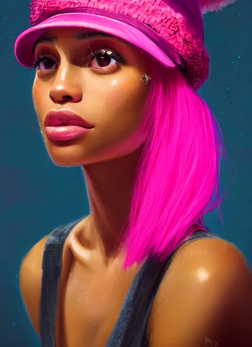 Image similar to portrait of young vanessa morgan with bright pink hair, black girl, vanessa morgan, curly pixie cut hair, wearing newsboy cap, newsboy cap, hoop earrings, intricate, elegant, glowing lights, highly detailed, digital painting, artstation, concept art, smooth, sharp focus, illustration, art by wlop, mars ravelo and greg rutkowski