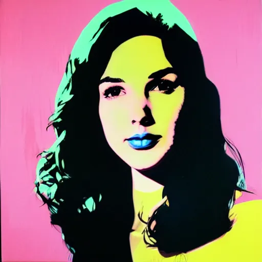 Prompt: gal gadot, portrait by andy warhol, color