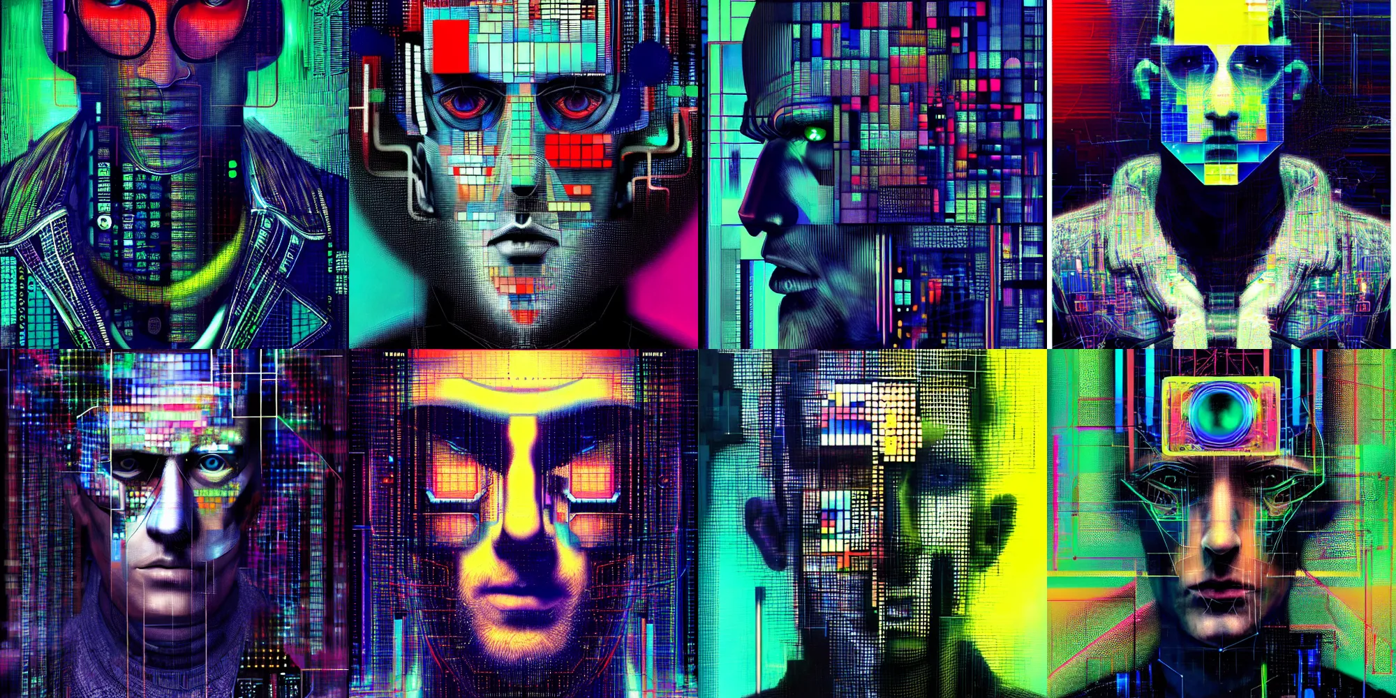 Prompt: hyperrealistic portrait of a cyberpunk man in cyberspace, by Johannes Itten, Russ Mills, hacking effects, cybernetics, detailed lines, color blocking!, acrylic on canvas, insane detail, intricate, front view, symmetrical, octane, concept art, abstract, artistic, 8k, cinematic, trending on artstation