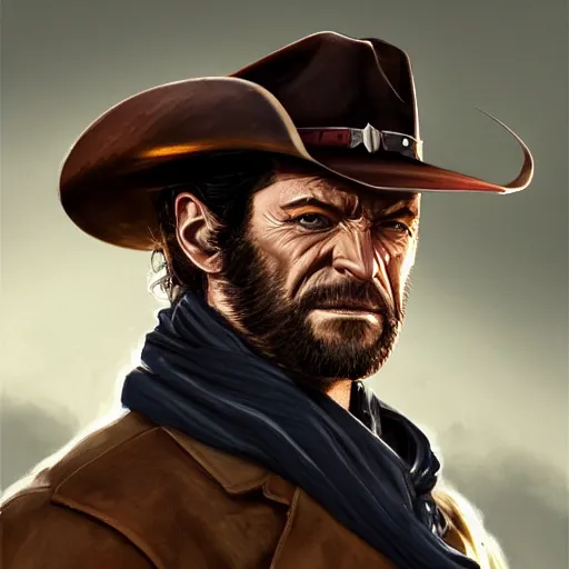 Prompt: a portrait of wolverine with a cowboy hat on with an American flag scarf, D&D, sci-fi, elegant, hopeful, muscular, highly detailed, digital painting, artstation, concept art, smooth, sharp focus, illustration