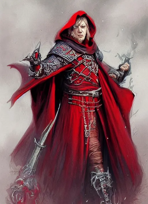 Image similar to beautiful bright red cloak stunning priest, ultra detailed fantasy, dndbeyond, bright, colourful, realistic, dnd character portrait, full body, pathfinder, pinterest, art by ralph horsley, dnd, rpg, lotr game design fanart by concept art, behance hd, artstation, deviantart, hdr render in unreal engine 5