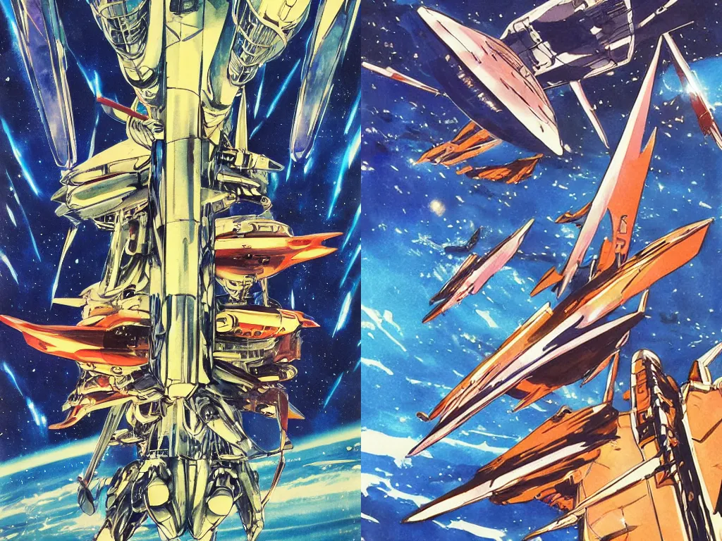 Prompt: a vintage anime 70s comic book watercolor of two supermassive spaceships colliding with each other concept art by Syd Mead featured on DeviantArt, by Rae Klein and by Anthony Cudahy, dramatic lighting, ap art, love art, by Mark Tennant, fine art america, japanese art on behance