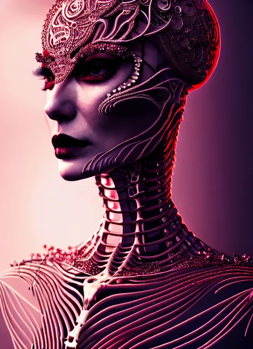 Image similar to portrait of an absurdly beautiful, graceful, sophisticated, fashionable futuristic female skeleton, hyperdetailed illustration by irakli nadar and alexandre ferra, intricate linework, faberge, intricate chrome headdress, dark atmosphere, glowing red eyes, unreal engine 5 highly rendered, global illumination, radiant light, detailed and intricate environment