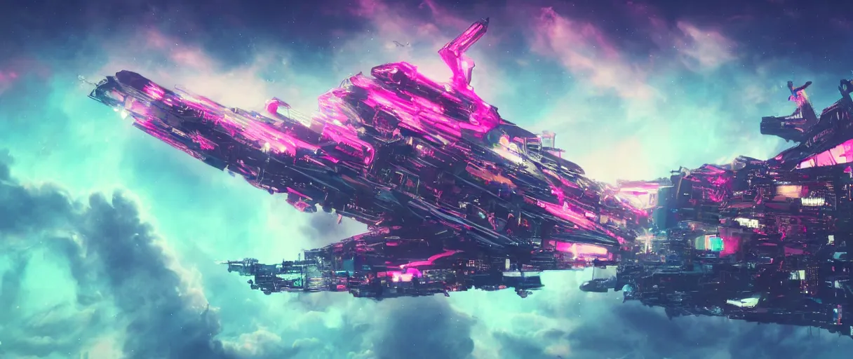 Image similar to space, hyperdetailed illustration, portrait big dark punk, mohawk, stars, pink, neon, oil painting, rich deep colors masterpiece, pirate neon ship, ultra detailed, contrast, heaven pink, clouds, volumetric light, atmospheric lighting, dramatic, cinematic, moody, octane render 4 k, 8 k