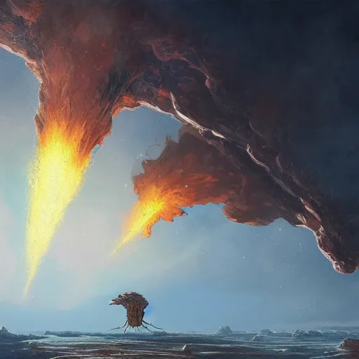 Image similar to Digital art of a meteorite containing an insect hive burning up in the atmosphere, Wayne Barlowe Greg Rutkowski Jessica Rossier 4k prehistoric geology