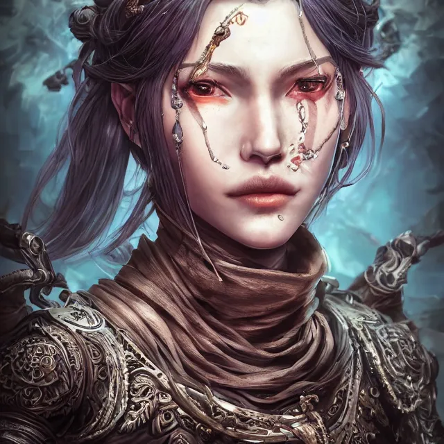 Image similar to the portrait of neutral evil fallen female knight vagabond as absurdly beautiful, gorgeous, elegant, sophisticated, woman, an ultrafine hyperdetailed illustration by kim jung gi, irakli nadar, intricate linework, bright colors, octopath traveler, final fantasy, unreal engine 5 highly rendered, global illumination, radiant light, detailed and intricate environment