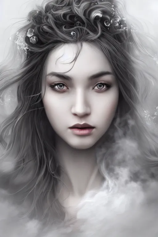 Image similar to Goddes of Clouds, Mist and Smoke, , pretty face, ultra detailed, digital art, 8k ,character ,realistic, portrait, hyperrealistic