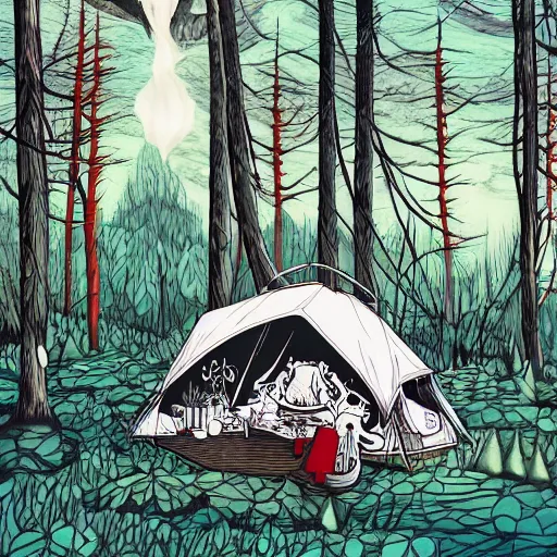 Prompt: a tent by the river in the deep, remote woods by martine johanna, from nightmare before christmas | detailed | elegant | trending on artstation