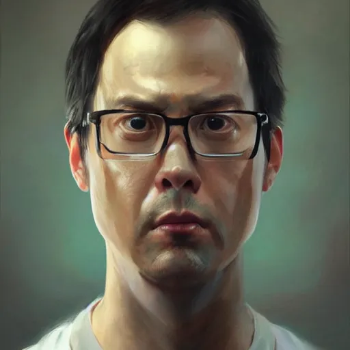 Image similar to hyper realistic, portrait of dwight shrute, ethnicity : japanese, painted by greg rutkowski, wlop, loish,