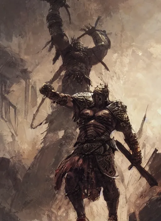 Image similar to ancient historically accurate depiction of the Bible Character Goliath of Gath, the Philistine warrior giant in ancient persian chainmail armor, dramatic lighting art by Yoji Shinkawa by Richard Schmid by greg rutkowski by Sandra Chevrier by Jeremy Lipking cinematic dramatic