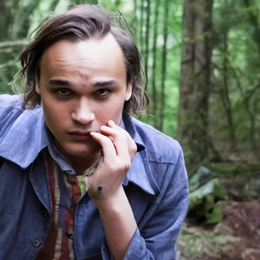 Prompt: Frank Dillane in a forest petting raccoons