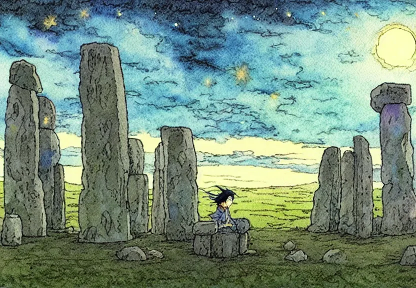 Image similar to a simple watercolor studio ghibli movie still fantasy concept art of a giant wizard playing in a tiny stonehenge. it is a misty starry night. by rebecca guay, michael kaluta, charles vess