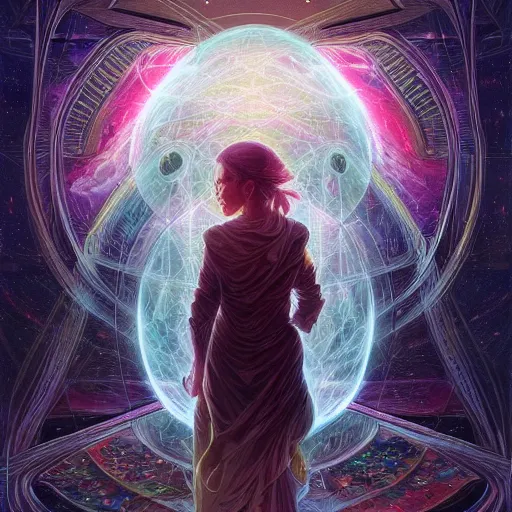 Prompt: beautiful portrait of intelligence of science, spatial space deformation in latent space, math art, astral plane, by tyler edlin and artgerm and dan mumford and gustave dore