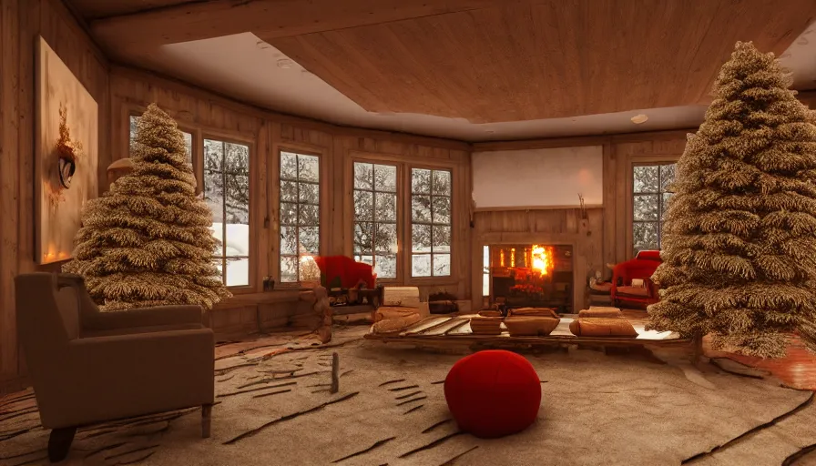 Image similar to spacious warm cozy snowplow interior, intricate and decorated, winter landscape outside, volumetric lighting, photorealistic rendering, hyperreal