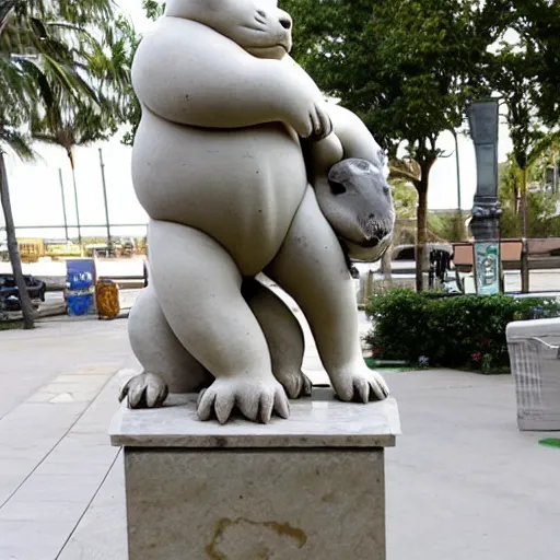 Prompt: a marble renaissance statue of a chubby otter carrying a bag of groceries