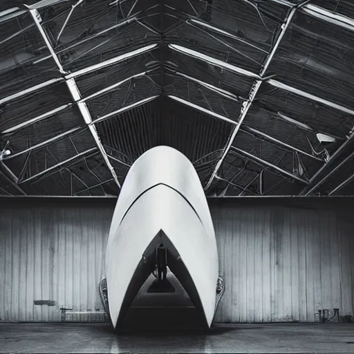 Prompt: large angular spaceship sitting in a poorly lit hanger futuristic gritty dystopian